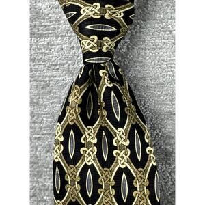 Z Inc Zinc Mens Silk Tie Vintage Wide 4” Black Gold Geometric Interlocking